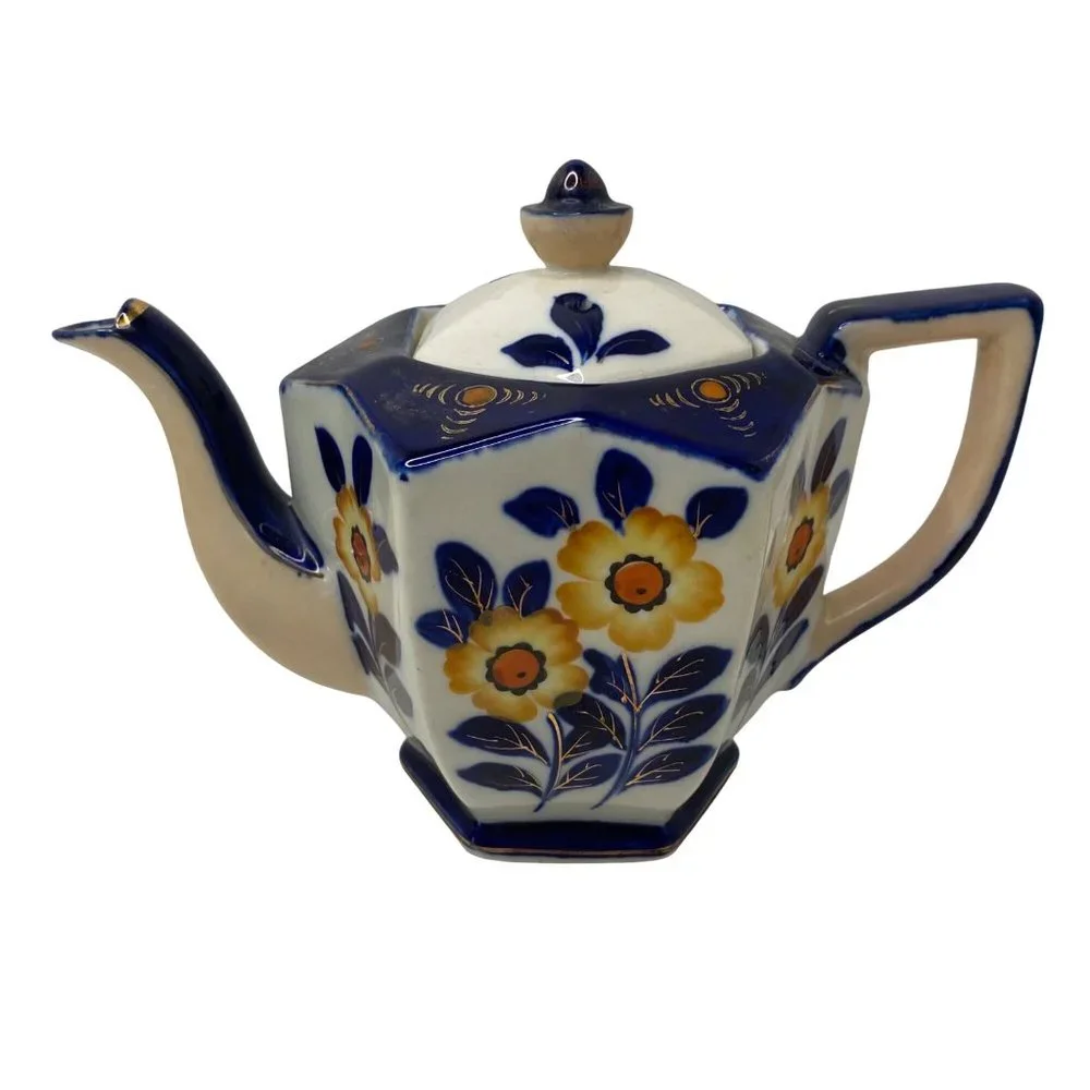 Moriyama ceramic hexagonal teapot with lid cobalt blue floral hand painted Japan